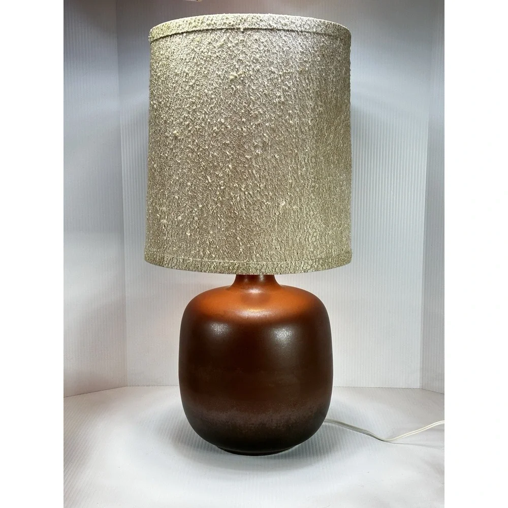 Vintage Bostlund‎ Rich Brown Glaze Pottery Table Lamp With Shade Mid Century Mod